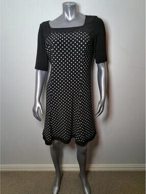 VTG 90'S CHAPS Black and White Polkadot Dress Fit And Flare Knee Length L Soft